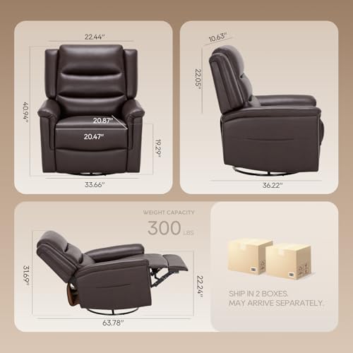 COLAMY Oversized Leather Recliner Chair, 360°Swivel Rocking Manual Recliner with Thick Cushioned Padding Backrest and Wide Seat - Darkbrown