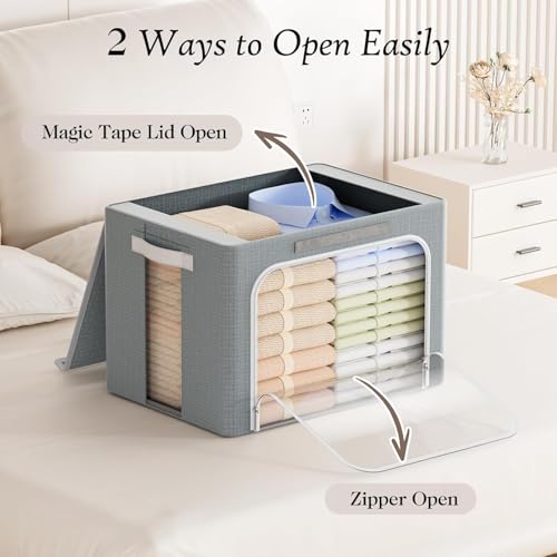 Yecaye Clothes Storage Bins with Metal Frame, Foldable Clothing Storage Bin with Lid, Stackable Oxford Fabric Organizer Box With Clear Window & Zippers & PU Leather Handles (3 Pack,Grey,66L)