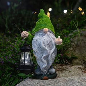 ANYUETE Flocked Garden Outdoor Gnome Statues Decor with Solar Lights, Large Funny Gnome Garden Figurines for Outside Patio Yard Lawn House Farmhouse Sculptures Decorations Gifts, White