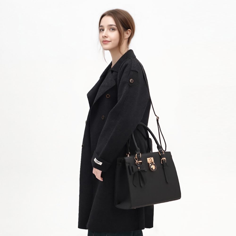 Qiyuer Women Purses And Handbags Set Ladies Top Handle Satchel Tote Shoulder Work Bag With Matching Clutch Wallet 2PCS Black