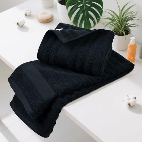 2-Pack Bathroom Hand Towels (Black) Ribbed – Guest Room & Spa Premium Cotton Face Towels 13” x 29”, Soft and Quick Drying 480 GSM