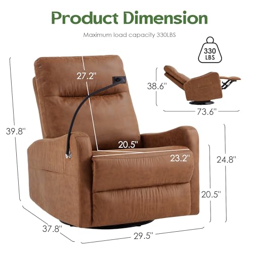 AYEASY Oversized Leather Recliner Chair with Phone Holder, Swivel Rocking Reclining, Ergonomic Lazy Boy Recliner Chair with Lumbar Support, Manual Glider Sofa Chair for Living Room, RV, Brown