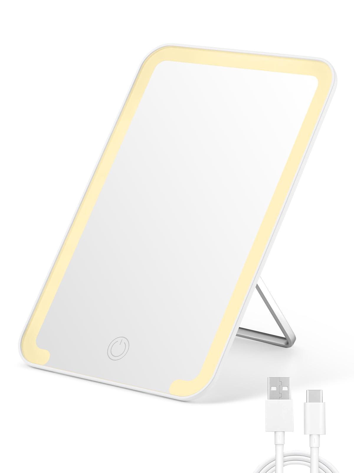 Qislee Travel Makeup Mirror with Lights, 3 Color Modes, 8 x 5 inches Desk Mirror with Foldable Stand, Touch Dimming, Perfect Travel Accessory, White