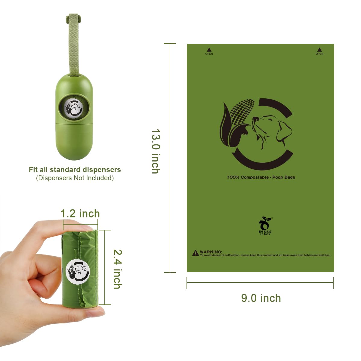 Certified Compostable Dog Poop Bags, 270 Count Landfill Friendly and Leakproof Waste Bags, Easy Open Unscented Forest Green Poop Bag for Dog, 15 Doggy Bags Per Roll (18 rolls)