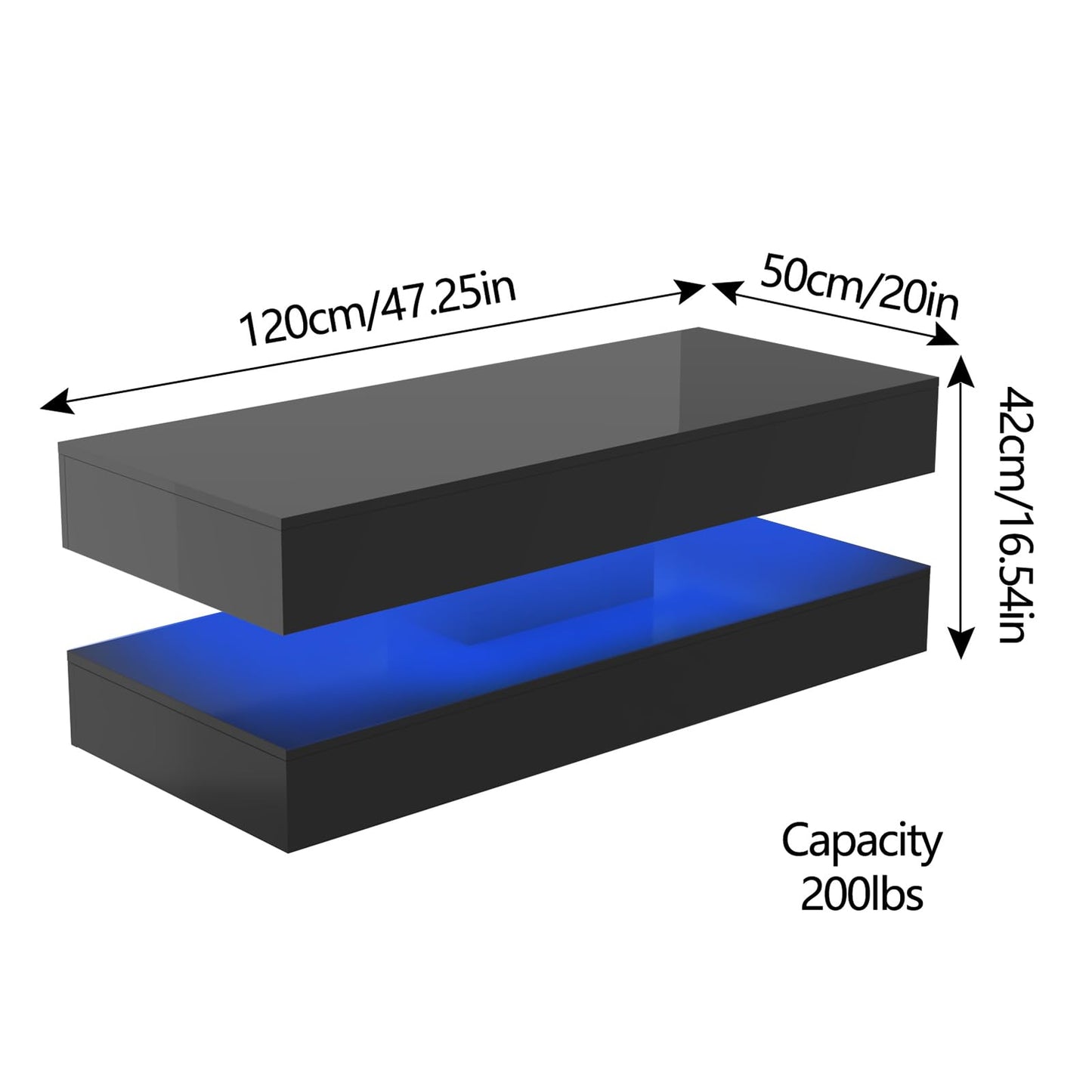 Uspeedy 47.3IN High Glossy LED Coffee Table,Modern Coffee Tables for Living Room,Living Rooms Tables,Large Living Room Furniture,APP LED Lights,Black/White Coffee Table for Livings Room (Black)