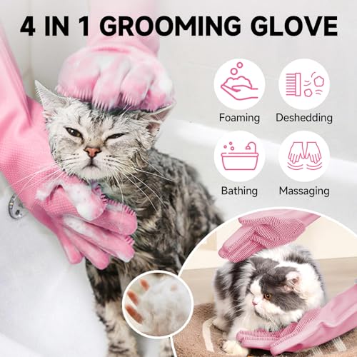 KUEIOX Dog Washing Gloves - Quick Drying Dog Towel,Cat Bath Grooming Gloves Brush with High-Density Teeth for Bathing Massaging,Absorbent Pet Bath Towel 30.3"x13.8" with Hand Pocket for Dog Cat Pink