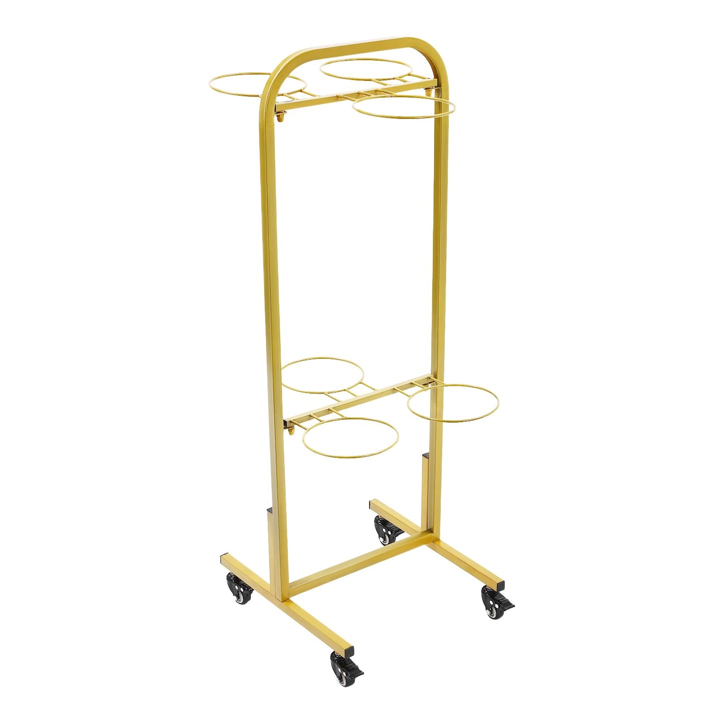 Nozue Flower Display Stand, 2Layers Metal Plant Stand with Wheels, with 6pcs Buckets, Portable Plant Moving Cart Frame for Indoor, Florist, Living Room (Gold - White Round Bucket)