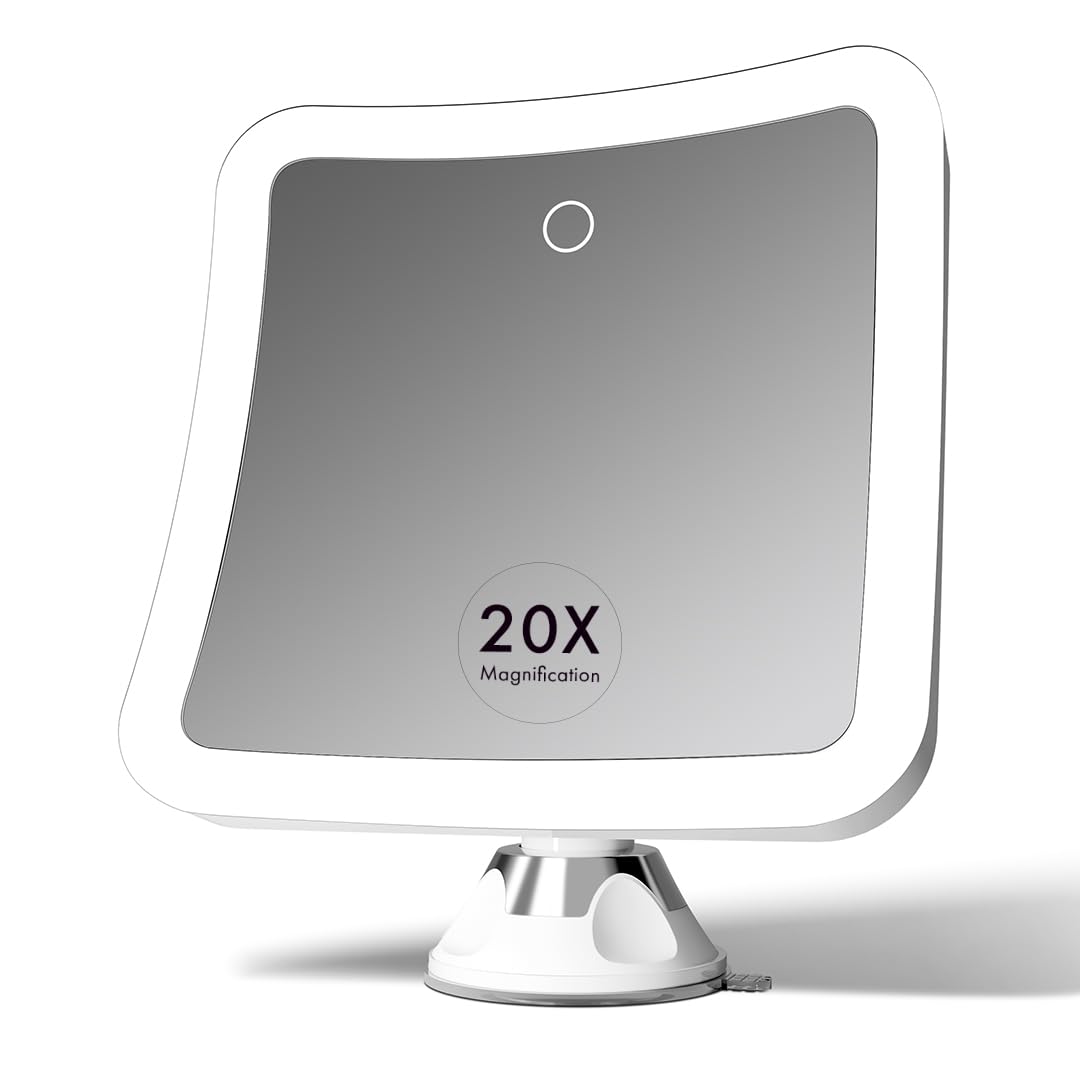 Fancii 20x Magnifying Makeup Mirror with LED Lights, Rechargeable, High Zoom | 7-inch Large Lighted Travel Mirror for Vanity and Bathroom, Dimmable, 3 Light Settings, Strong Suction, 360° Rotation