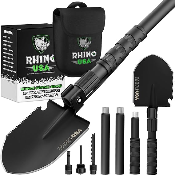 RHINO USA Folding Survival Shovel w/Pick - Heavy Duty Carbon Steel Military Style Entrenching Tool for Off Road, Camping, Gardening, Beach, Digging Dirt, Sand, Mud & Snow.