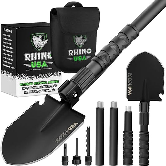 RHINO USA Folding Survival Shovel w/Pick - Heavy Duty Carbon Steel Military Style Entrenching Tool for Off Road, Camping, Gardening, Beach, Digging Dirt, Sand, Mud & Snow.