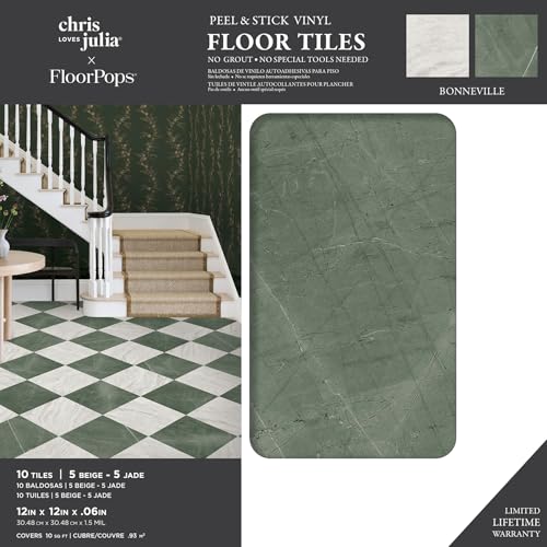 FloorPops x Chris Loves Julia Bonneville Jade Peel and Stick Floor Tiles, FP6332