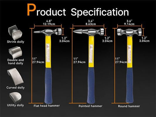 TEXALAN(R) 7 PC Auto Body Fender Repair Tool Hammer & Dolly Set Dent Bender Fiberglass handle plastic case USA Free Shipping