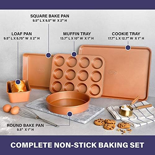Gotham Steel Non Stick Ceramic Bakeware Set, 5 Piece No Warp & Dishwasher Safe Baking Set, Baking Pans Set with Round & Square Baking Pan, Muffin Pan, Loaf Pan & Baking Sheet for oven, 100% PFOA Free