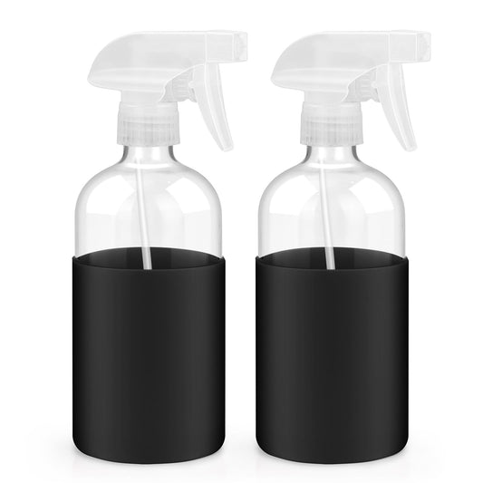 2 Pack Glass Spray Bottles with Silicone Sleeve, 16 oz Empty Refillable Containers with Adjustable Spray Nozzles, Spray Bottles for Hair, Cleaning Solutions and Plants White