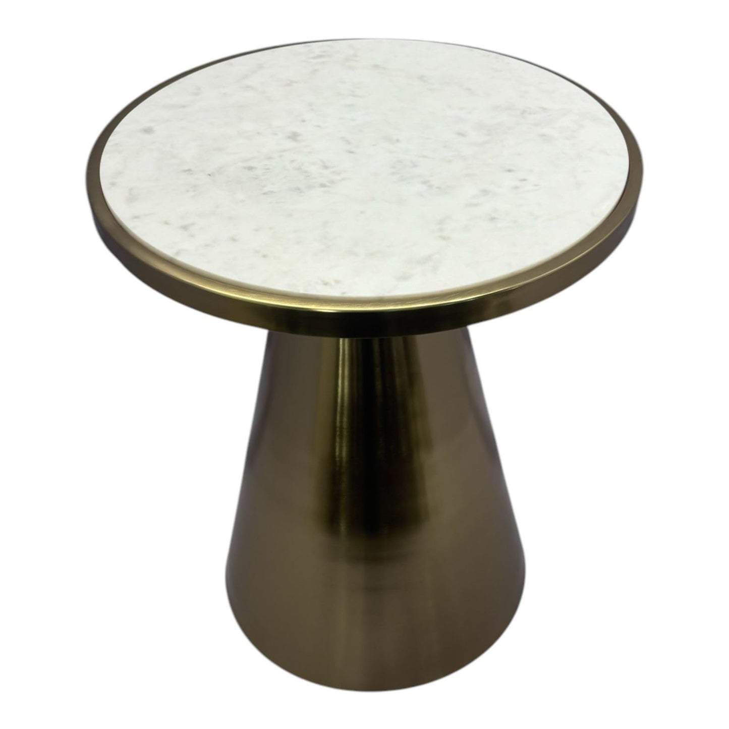 Modern Round Side Table with Marble Top, Gold Metal Base, Conical Design