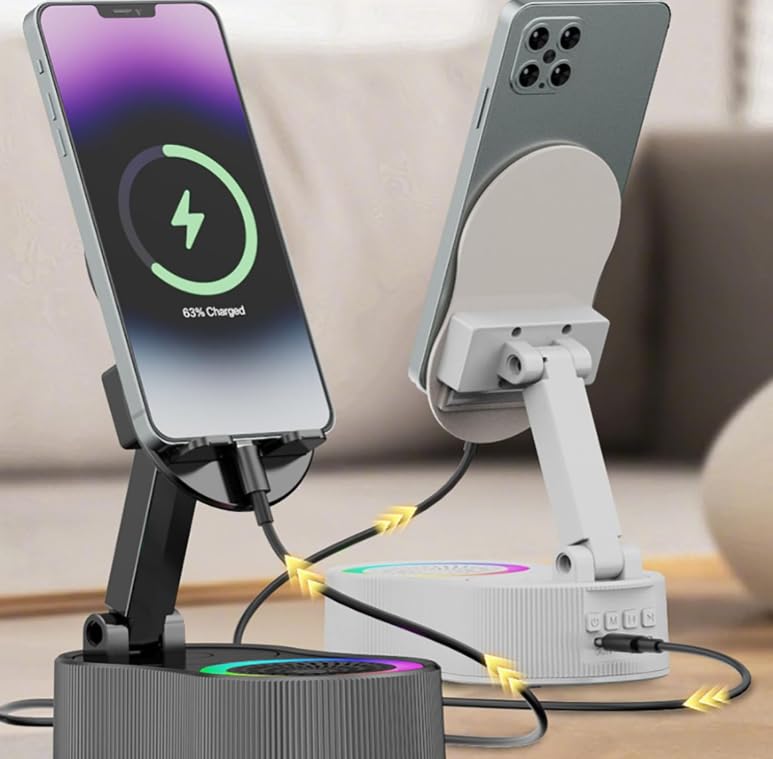 5-in-1 Wireless Induction Bluetooth Speaker Stand with Foldable Phone Holder, Power Bank & Ambient Light — Desktop/Home, Plastic/Metal Composite (Minimalist Design) (White)