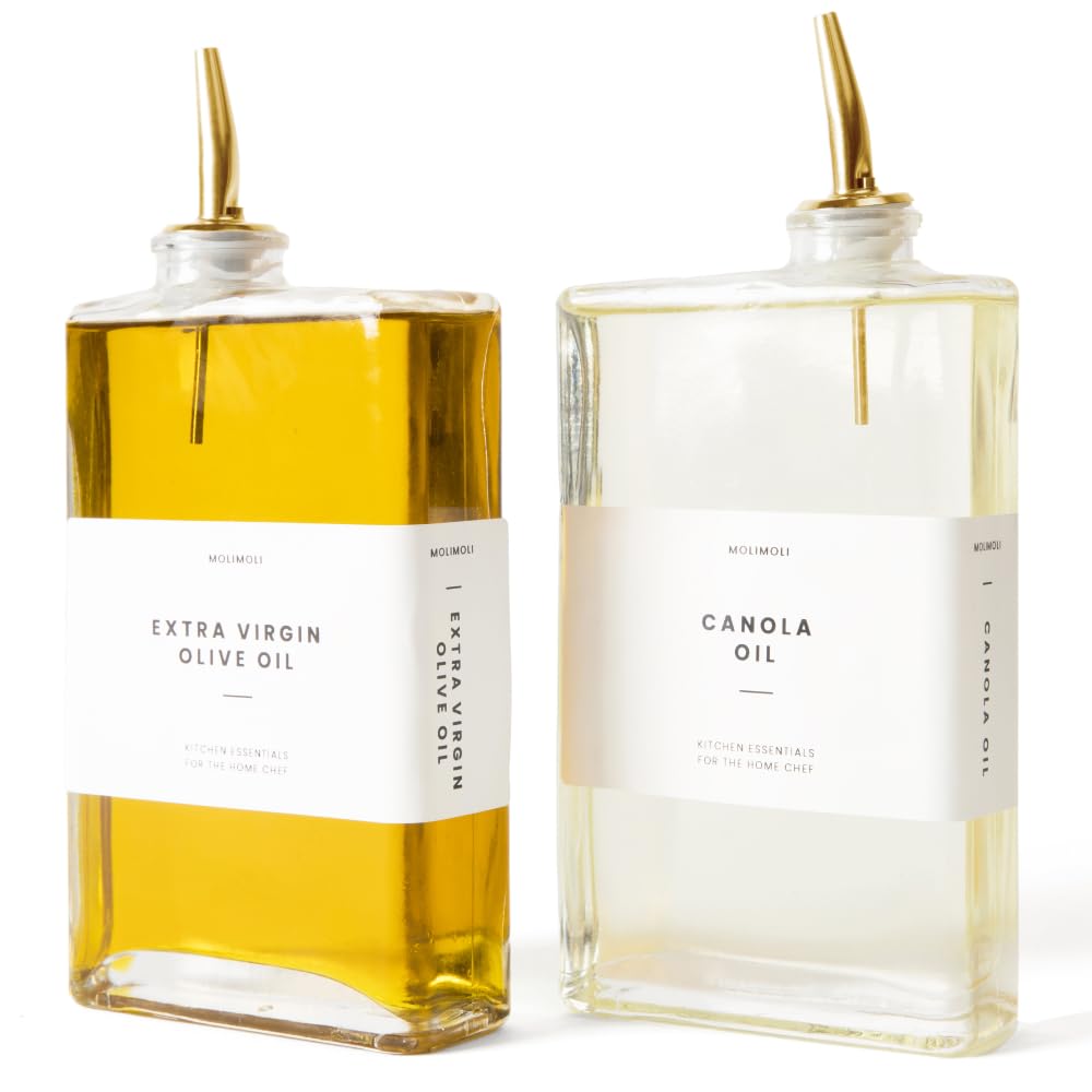 Molimoli Olive Oil Dispenser Bottle for Kitchen, Automatic Pourer, Glass Thin Bottle Dispenser for Kitchen, Olive Oil Cruet, | Set of 2 - Gold