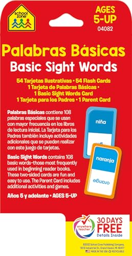 School Zone Spanish Basic Sight Words Flash Cards: 56 Cards, 108 Words, Kindergarten, 1st Grade, Palabras Basicas Tarjetas Ilustrativas, Bilingual, ESL, Language Immersion (Spanish/English Edition)