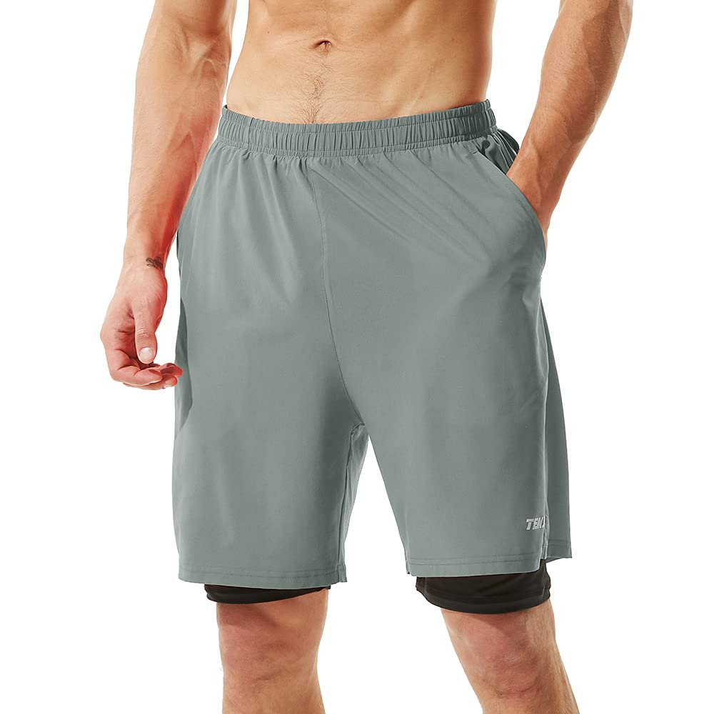 TENJOY Men's 2 in 1 Running Shorts 7" Quick Dry Gym Athletic Workout Shorts for Men with Phone Pockets Arona Blue