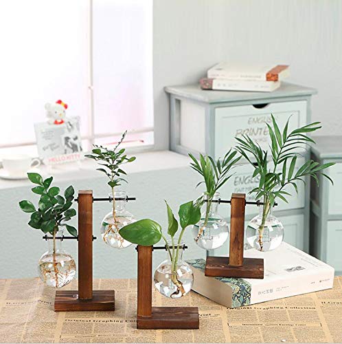 Kingbuy Glass Planter Bulb Vase Desktop Plant Terrarium with Retro Solid Wooden Stand for Propagation Hydroponics Water Plants Home Garden Office Decor