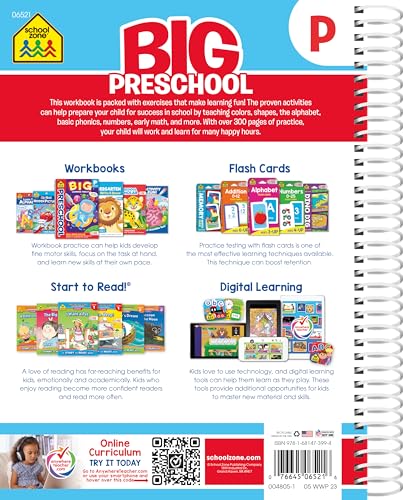School Zone Big Preschool Workbook: 320 Spiral-Bound Pages, Pre-K, Colors, Shapes, Numbers, Early Math, Alphabet, Pre-Writing, Phonics, Following Directions, Ages 3-5