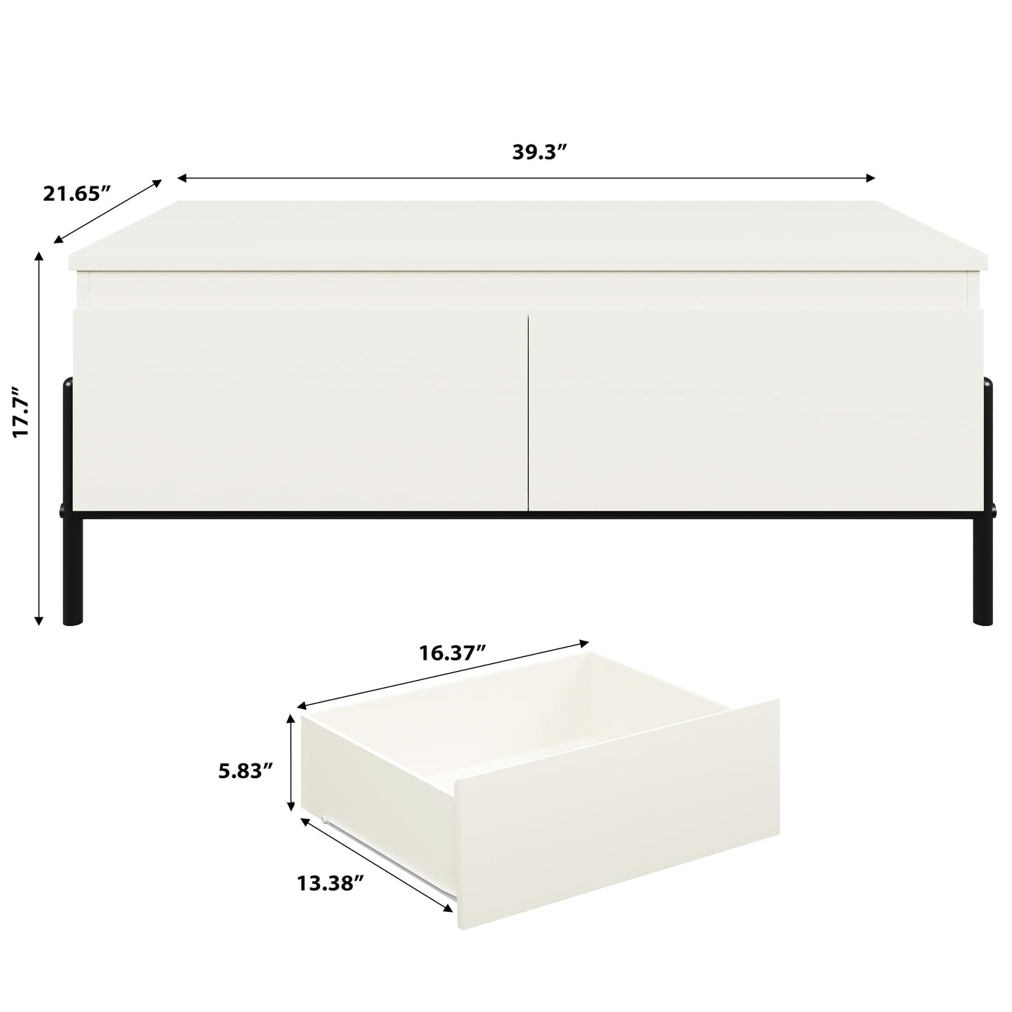 CABIHOME White Coffee Table with Drawers, Center Table Rectangle Coffee Table with Back Open Shelf, Center Table with Thickened Metal Leg Easy Assemble