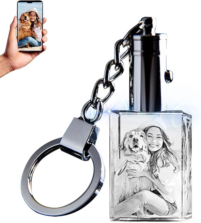 CAPTUR3D Personalized Crystal Keychain with LED Light, Laser Etched Photo Key Chain, Great Gifts for Birthday Mother's Day