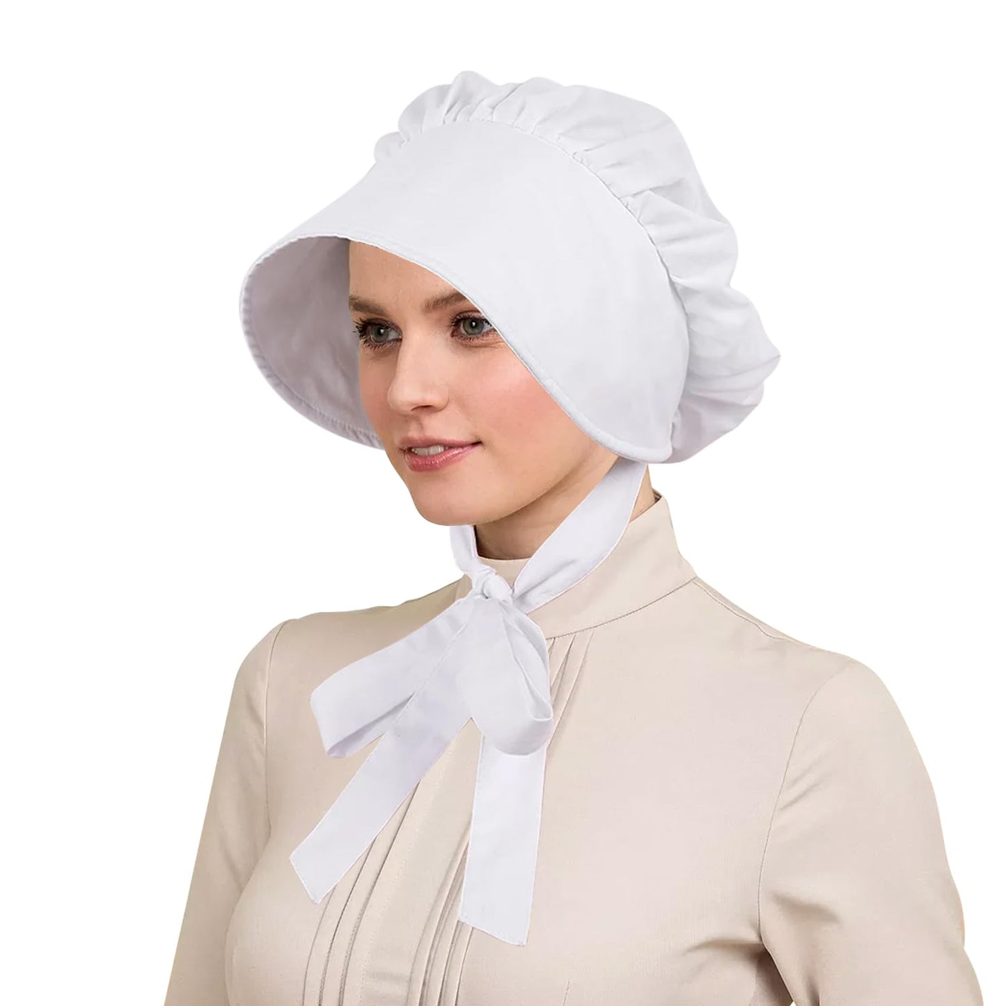 White Bonnet, Colonial Hat Pioneer Mob Hat Maid Cap with Adjustable Straps