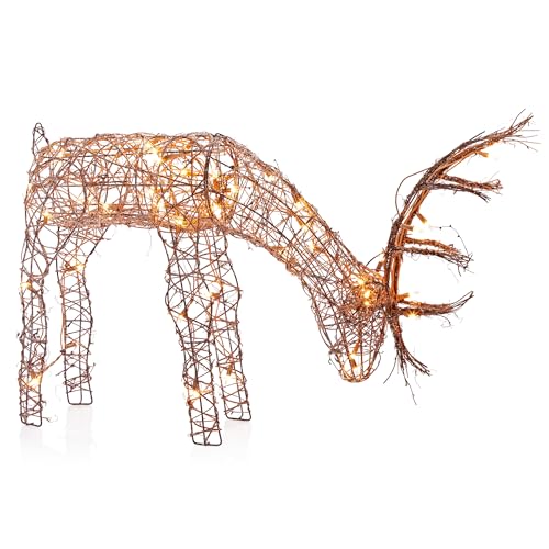 Alpine Corporation 24"H Outdoor Rattan Grazing Reindeer Lawn Decoration with White Lights , Christmas Decoration