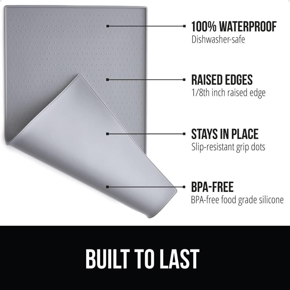 GORILLA GRIP 100% Waterproof Raised Edge BPA Free Silicone Pet Feeding Mat, Dog Cat Food Mats Contain Spills Protects Floors, Placemats for Cats and Dogs Water Bowl, Pets Accessories 18.5x11.5 Gray