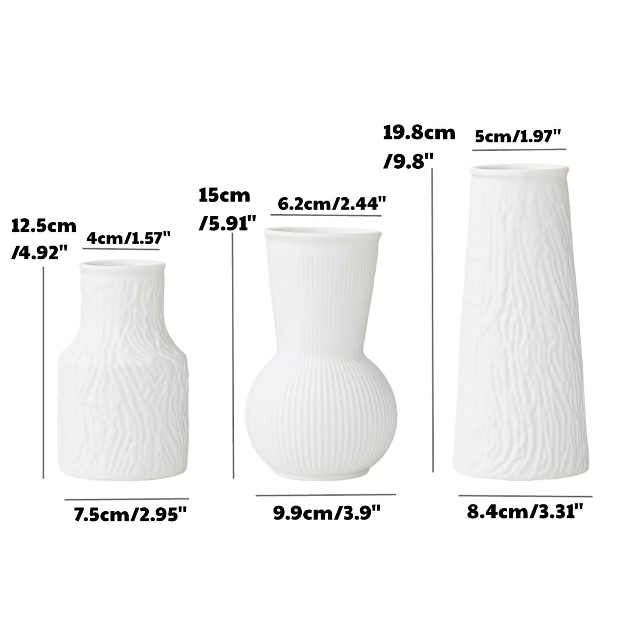 White Ceramic Vases Set of 3, Home Decorative Vase,Rustic Farmhouse Decor, for Your Kitchen, Bedroom, Office, Living Room, Bathroom, & Shelf Centerpiece Table Decorations (White)
