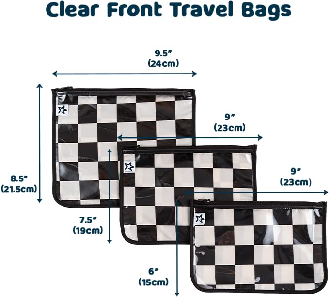 Tiny Twinkle Mess-proof Travel Bags, Airline Compliant, Zipper Closure, Clear Front Pouch, Diaper Bag Packing, Toiletry or Cosmetics Organizer 3 Pack Set (Black Checkers)