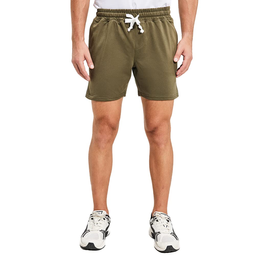 NIMENJOJA Mens 5.5" Athletic Gym Sweat Shorts Cotton Jogger Workout Lounge Jersey Zipper Pocket Shorts Olive