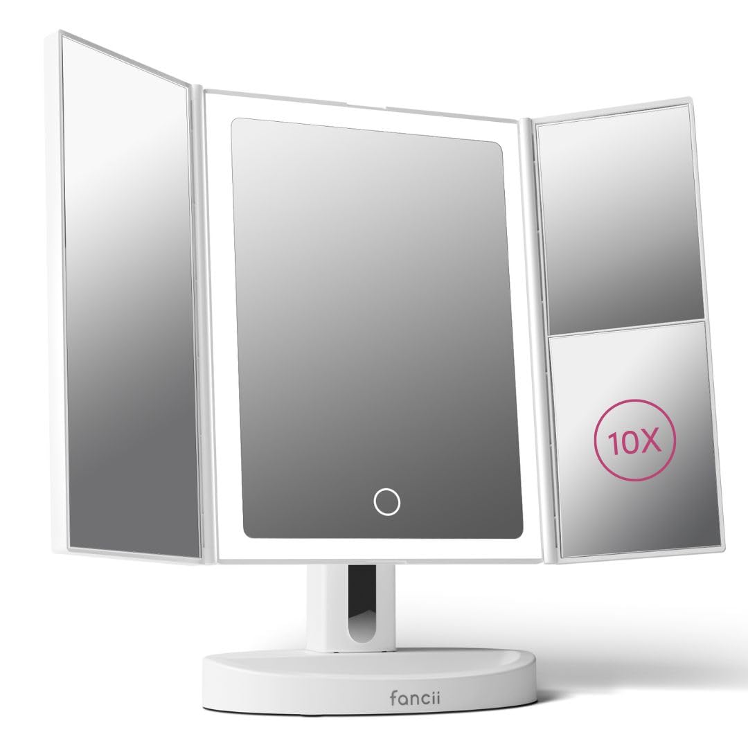Fancii LED Lighted Vanity Makeup Mirror, Rechargeable Trifold Mirror with 5X & 10x Magnifications - 68 Dimmable Natural Lights, Touch Screen, Best Adjustable Make Up Mirror with Cosmetic Stand