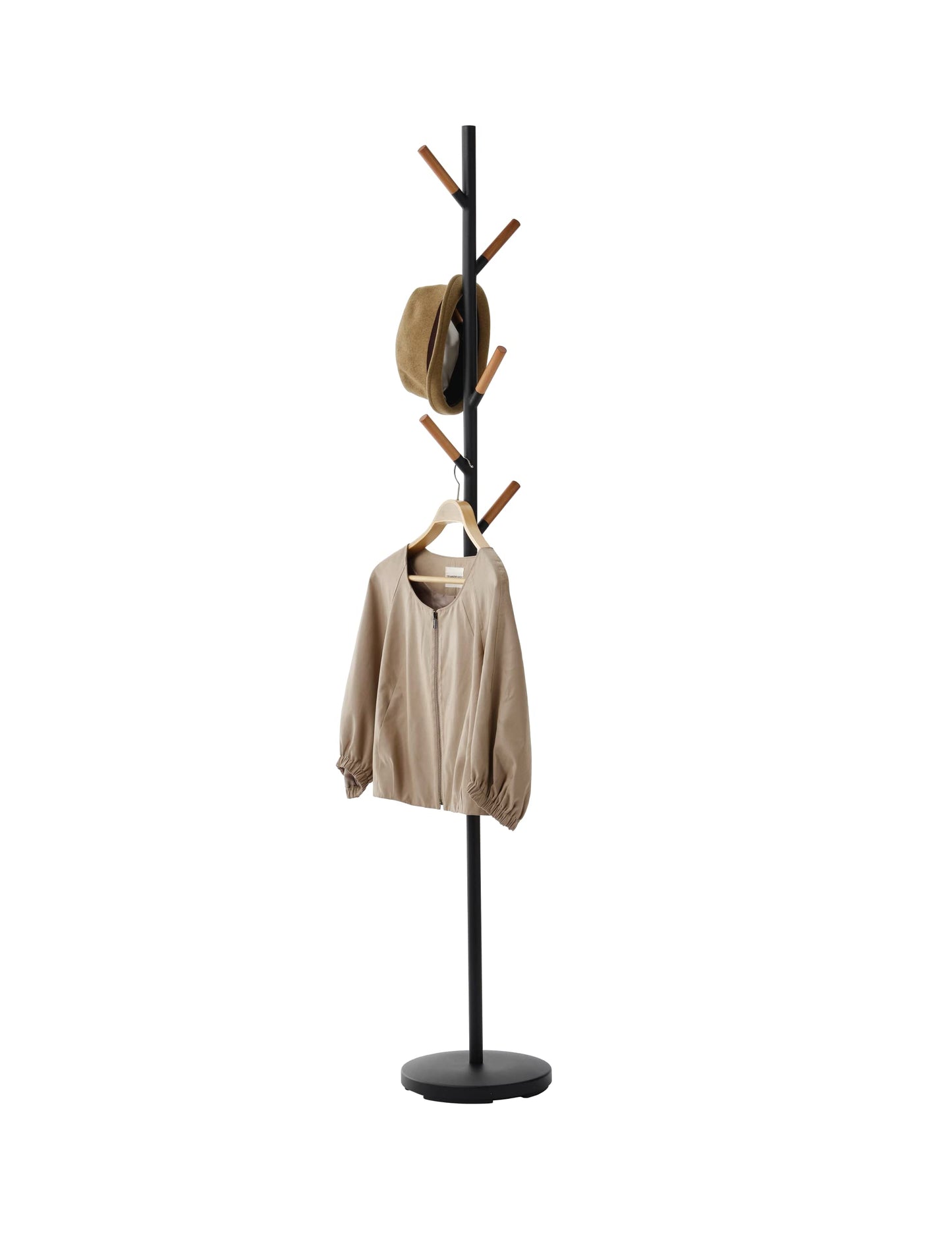 Yamazaki Home Plain Freestanding Coat Hanger Rack With Wooden Hooks, Space Saving, 70" - Steel