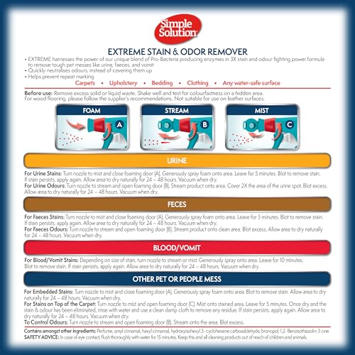 Simple Solution Extreme Pet Stain and Odor Eliminator Spray, Enzymatic Cleaner With 3X Pro-Bacteria Cleaning Power for Dogs & Cats, Strong Urine, Pee and Poop Smell Remover for Carpets & Floors, 32 oz