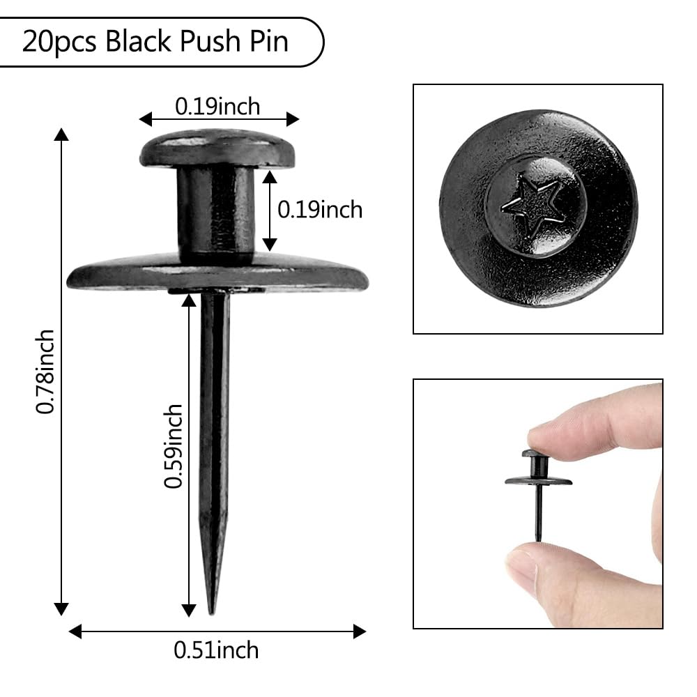 Picture Hanging Kit, Push Pins, Picture Hangers, Double Headed Thumb Tacks for Wall Hooks for Hanging, Nails for Hanging Pictures, Thumb Tacks for Tapestry Poster Drywall thumbtacks, 20 Pack, Black