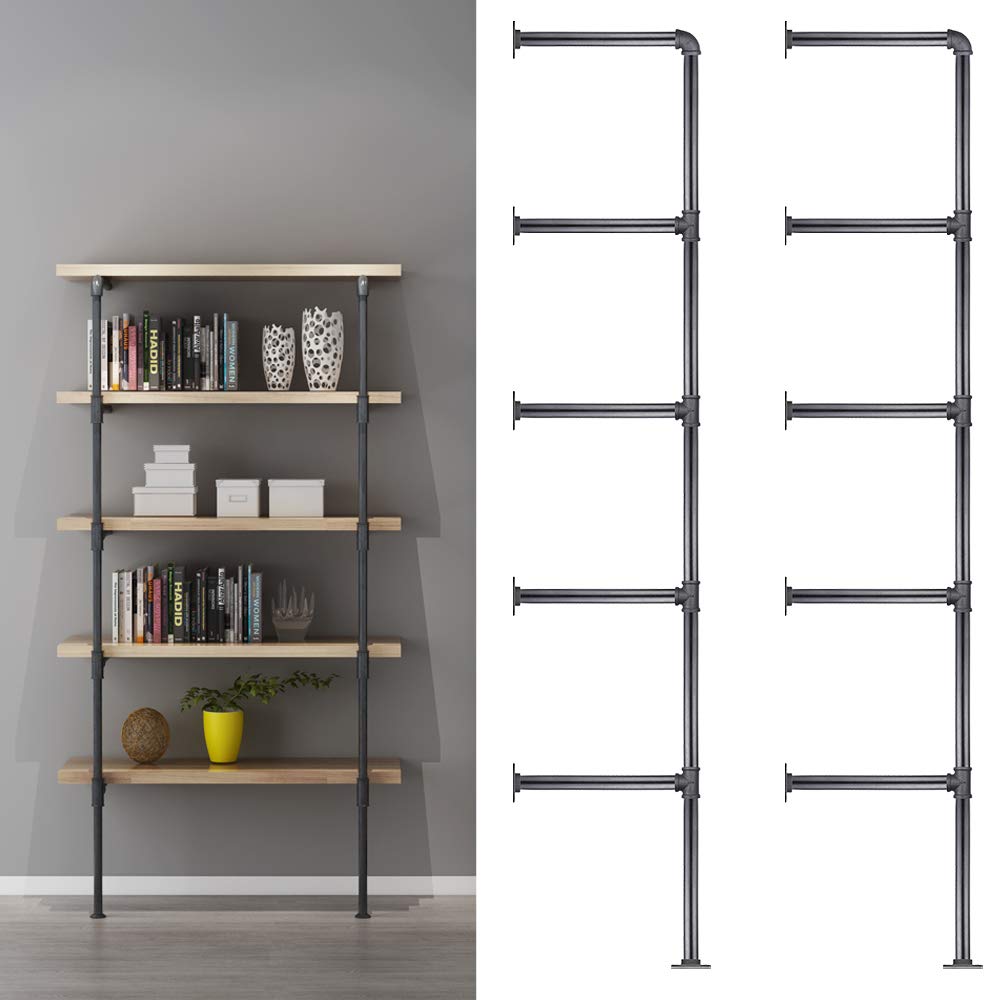 Niubid 3/4 Inches Malleable Cast Iron Pipe 2 PCS 5 Tier with Support. Vintage Industrial Wall Mount Bookshelf Shelving Unit, DIY Open Bookshelf, Shelf Shelves, Home Improvement Kitchen Shelves.