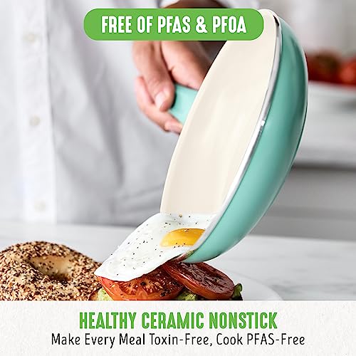 GreenLife Soft Grip 16 Piece Cookware Set, Non-Toxic PFAS-Free Ceramic Nonstick, Pots, Frying, Sauce, Saute, Glass Lids, Stay-Cool Handles, Wobble Free Bases, Dishwasher & Oven Safe, Turquoise