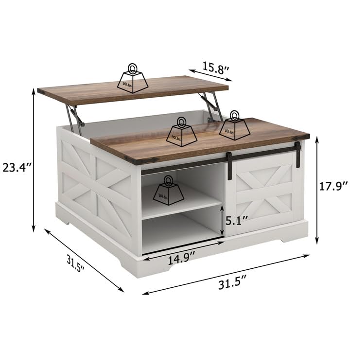 TaoHFE Lift Top Coffee Table with Storage,Rustic White Farmhouse Coffee Table, Square Storage Compartment and Adjustable Shelves Coffee Tables for Living Room (Oak White)