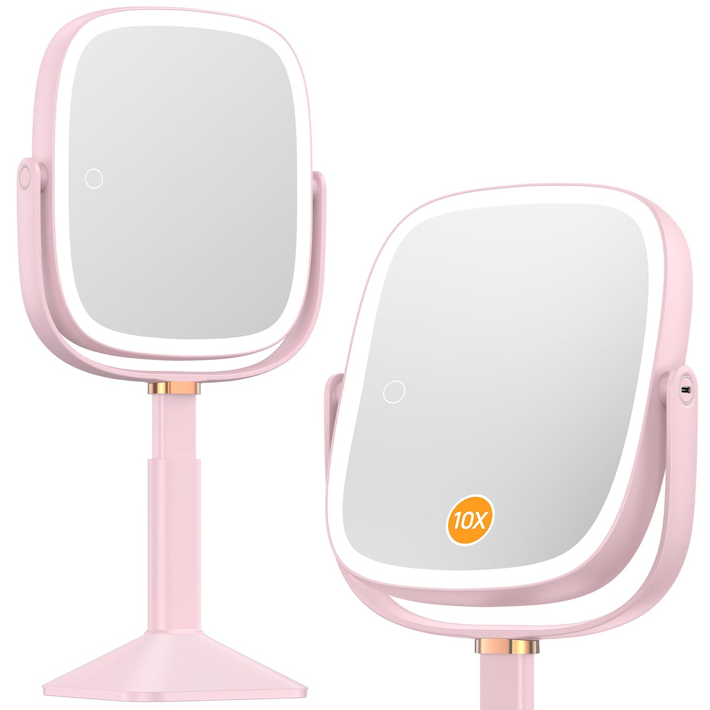 Gospire Rectangle Lighted Makeup Mirror with Lights 3 Color, Height Adjustable and 1X/10X Magnifying, 4000mAh Rechargeable Battery for Bedroom, 8.5”x7.4” Large Surface, Stepless Dimming - Pink
