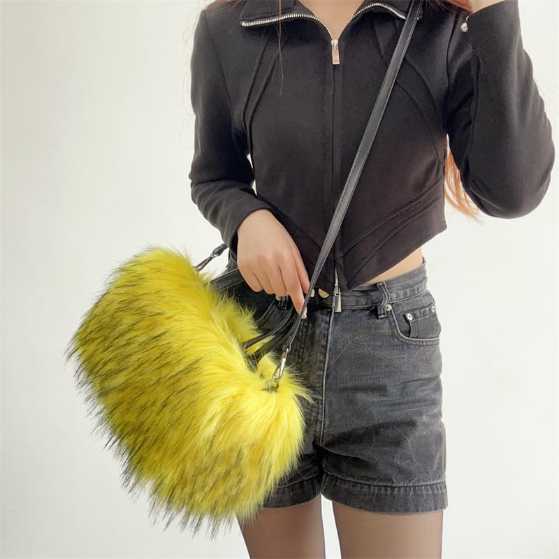 Furry Shoulder Bag For Women Fuzzy Faux Fur Large Plush Tote Handbag Cute Soft Fluffy Purse Carrying Sweet Cool Y2k Style (Yellow)