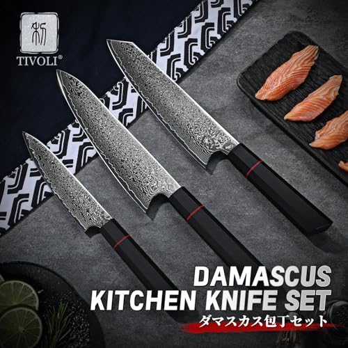 TIVOLI Damascus Knife Set 3PCS, Japanese Kitchen Knife With VG10,Ultra Sharp Cooking Knife Set With Octagonal Handle,Professional Chef Knives Set for Meat Vegetable Fruit, Ideal Gift for Dad,Mom