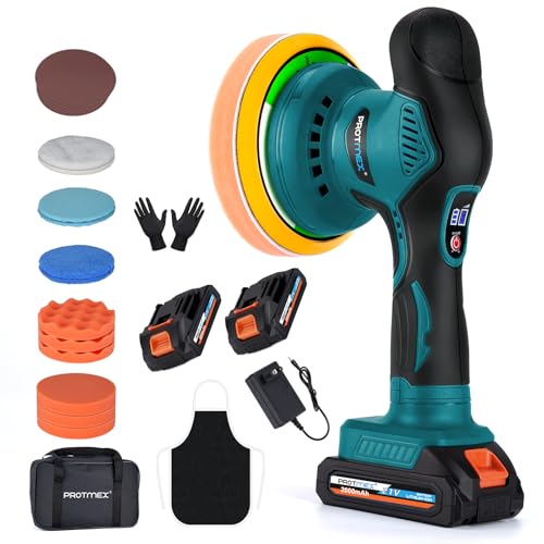 Cordless Car Buffer Polisher w/ 2x2000mAh 21V Batteries, 6 Inch Car Buffer Waxer Kit, Car Polishing Machine w/Extra 18 PCS Attachments & 6 Variable Speed, Car Buffer Polisher for Car Detailing