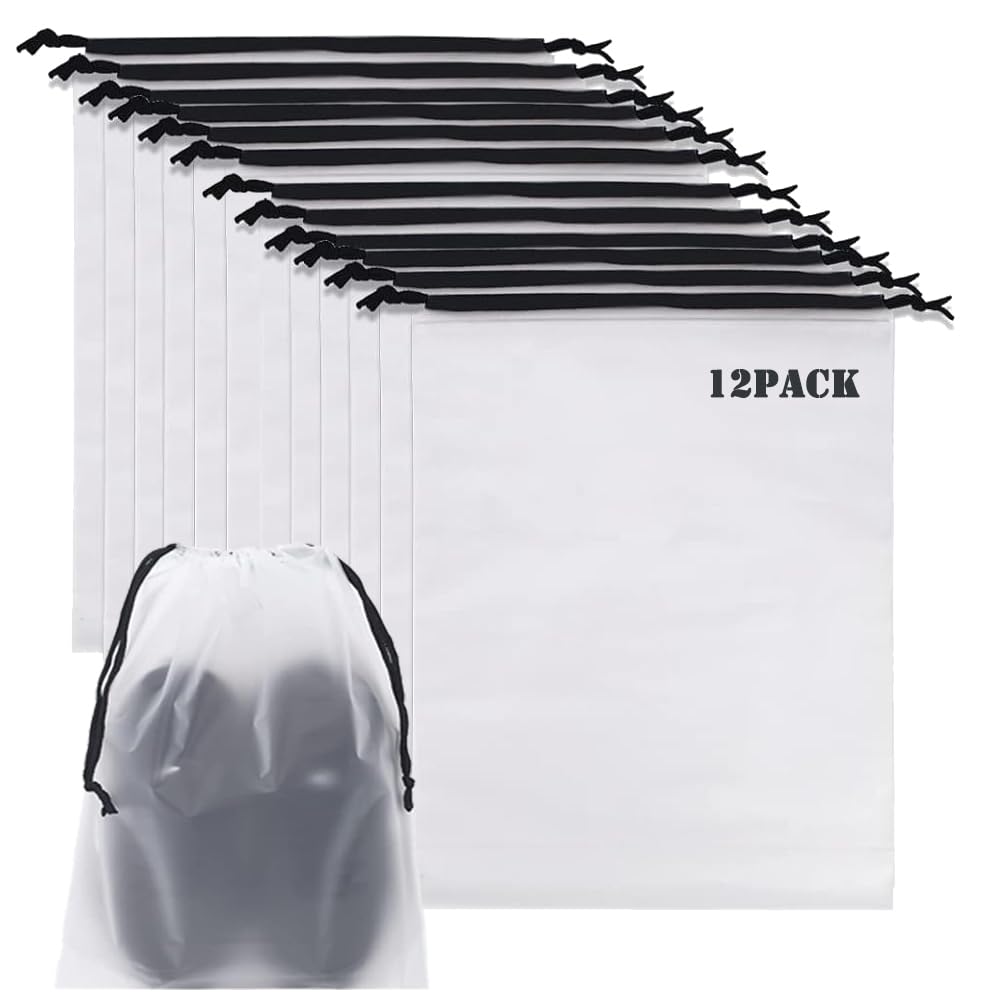 12pcs Non-woven Shoe Bags for Travel 12.6" X 17.3" Portable Shoe Bags with Clear Window, Large Drawstring Dustproof Travel Shoe Storage Bag for Men & Women, Black,XL Size