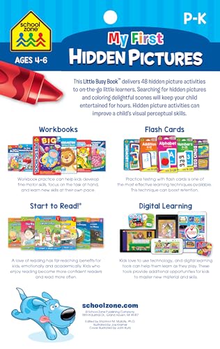 School Zone My First Hidden Pictures Workbook: 48 Pages, Pre-K, Preschool, Kindergarten, Activity Pad, Search & Find, Picture Puzzles, Coloring, Ages 4 to 6 (Little Busy Book Series)