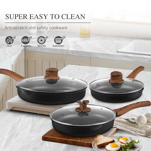 Vinchef Non Stick Frying Pan with Lid,9.5 Inch Anti Scratch Skillet Cast Aluminum Cookware, Induction Compatible Black