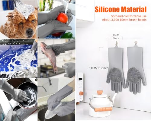 PEOKPIPLE 2 pairs Silicone Dishwashing & Pet Grooming Gloves - 2-in-1 Heat Resistant Gloves with High-Density Teeth, Enhanced Five Finger Design for Bathing, Cleaning Dishes, Cars, Dogs & Cats (Gray)