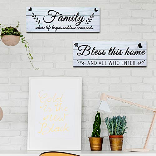 Jetec Wooden Family Signs Rustic Bless This Home Wood Family Decor Wall Art Farmhouse Entryway Decoration for Bedroom Living Room Office, 13.8 x 4.7 Inch (White)