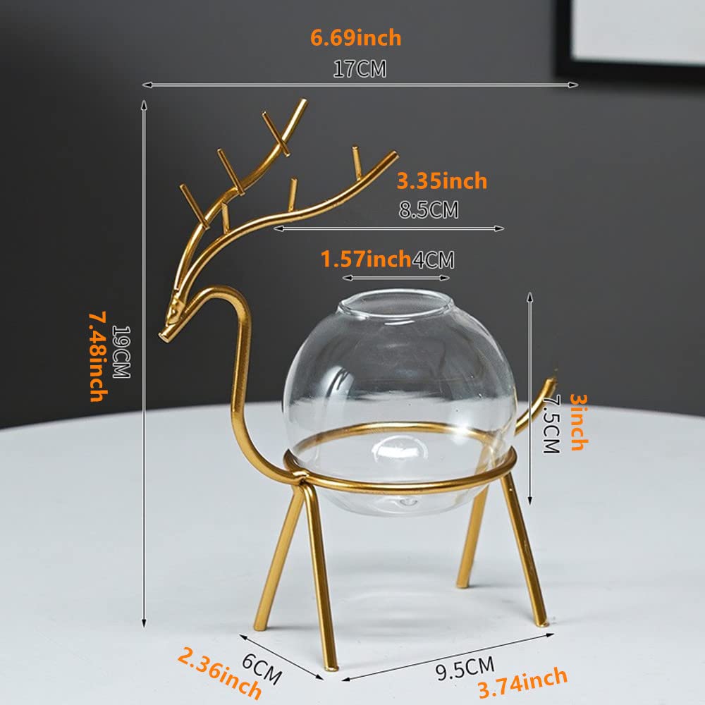 Radefasun Desktop Deer Plant Vases Small Glass Flower Vase with Gold Metal Stand Propagation Station Plant Holder for Home Wedding Decor